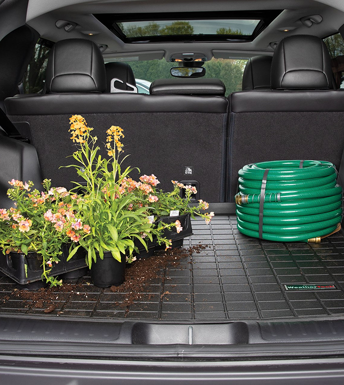 plants with dirt and a hose in a vehicle's trunk